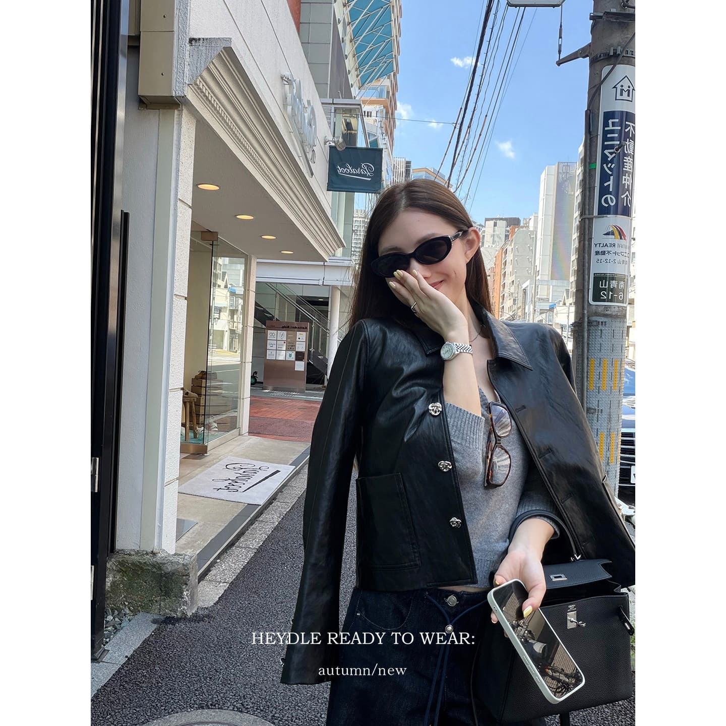 검은 콩 흠 일몰 저녁 바람 레트로 밝은 얼굴 폴로 칼라 가죽 재킷 재킷 여성 코트