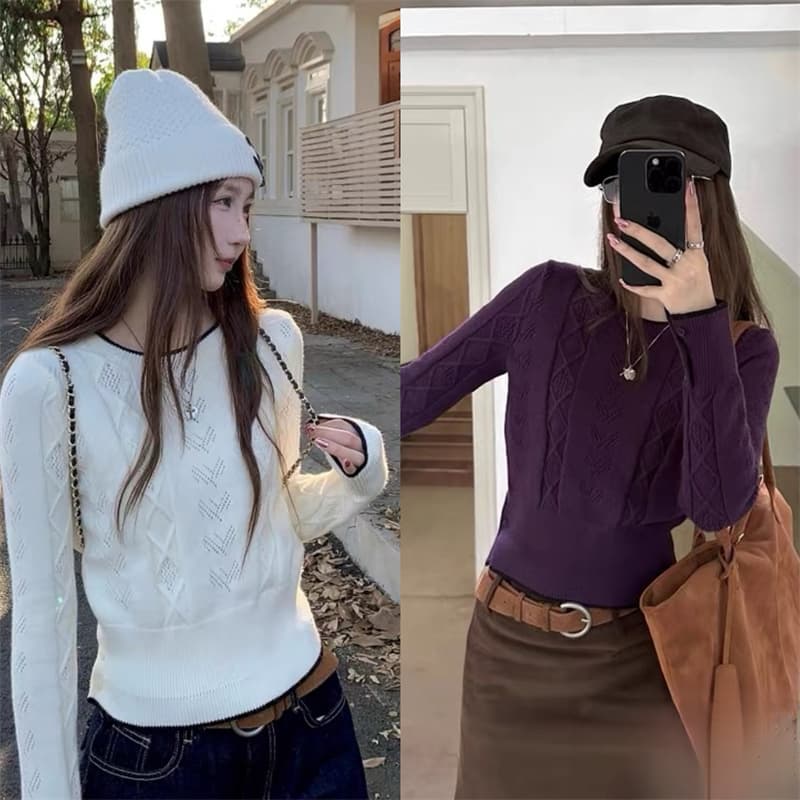 가을 겨울 새로운 한 부서 디자인 센스 배색 홀로우 아웃 긴팔 니트 스웨터 여성 인사이드 가져 가라. 슬림해 보이는 풀오버 맨위 여성 이미지 2