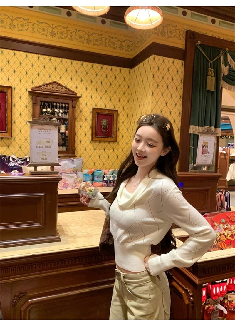 레트로 느슨함 센스 말뚝 더미 흔들다 칼라 다이아몬드 모양 무늬 니트 스웨터 여성 봄 가을 허리 수축 슬림해 보이는 인사이드 가져 가라. 만나는 짧은 맨위 상세 이미지 12