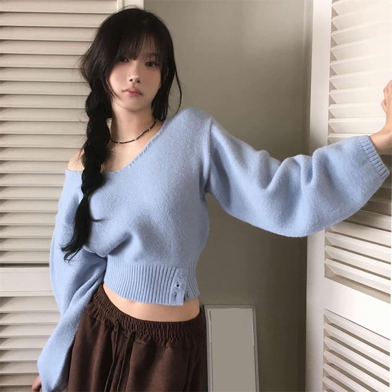 한국 chic 가을 레트로 품격 V넥 부서 버클 허리 수축 슬림해 보이는 다용도 긴팔 니트 스웨터 풀오버 스웨터 여자