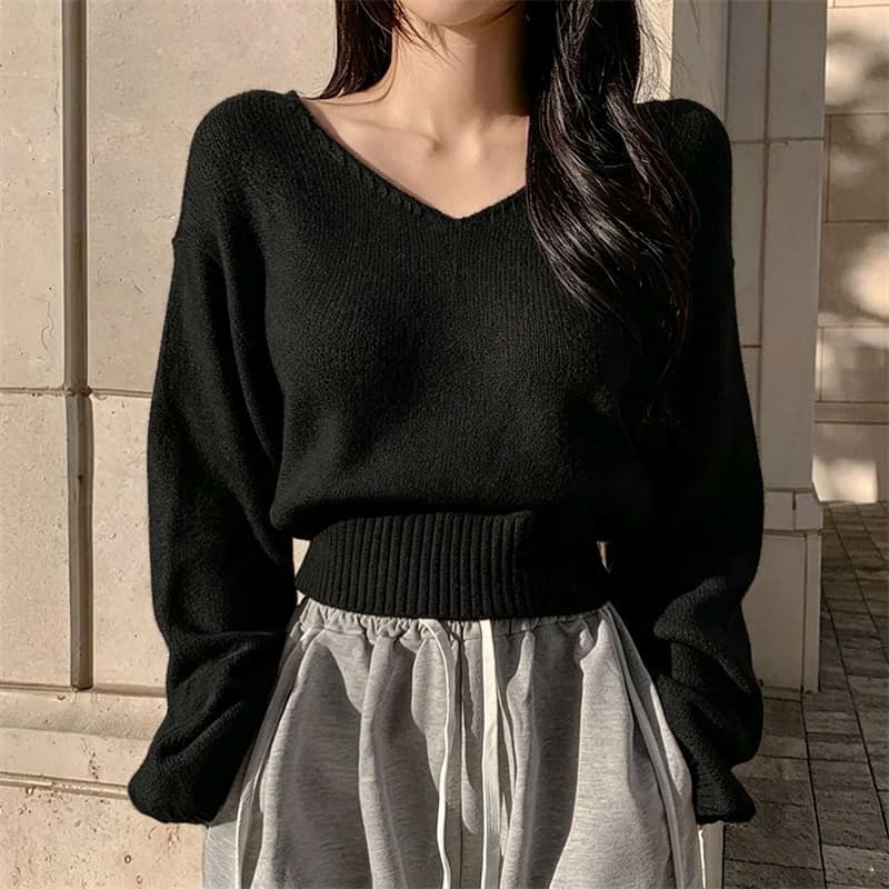 한국 chic 가을 레트로 품격 V넥 부서 버클 허리 수축 슬림해 보이는 다용도 긴팔 니트 스웨터 풀오버 스웨터 여자 이미지 3