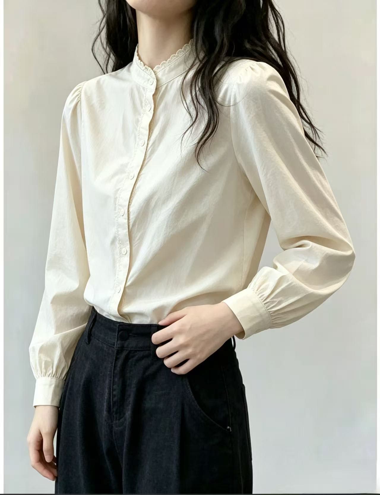 프랑스식 스탠드 칼라 레이스 긴팔 여성 셔츠 2026 가을 의상 새로운 출퇴근 순면 살구 색상 셔츠 맨위 이미지 3
