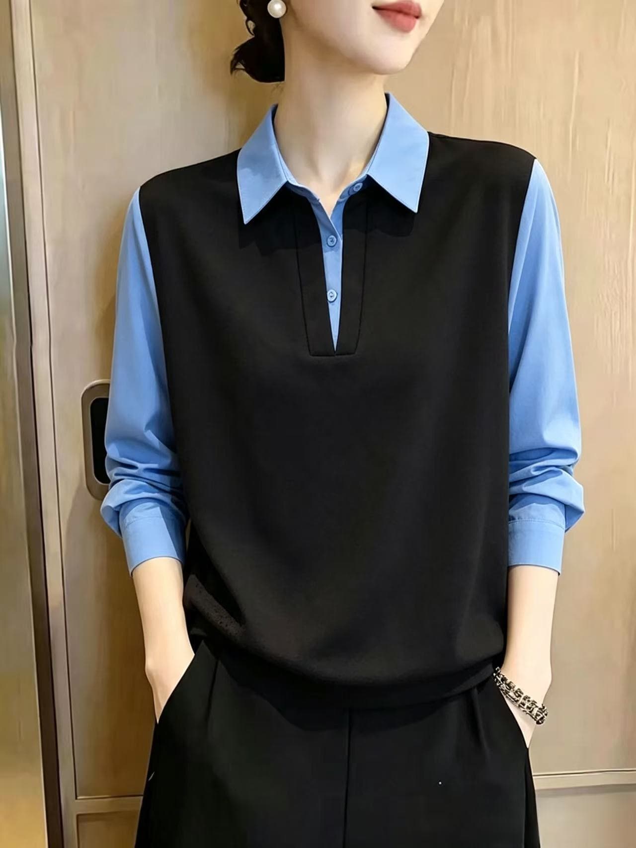 검정색 POLO 칼라 패치워크 페이크 레이어드 셔츠 긴팔 여성 2026 가을 새로운 작은 대중 연령 감소 풀오버 레트로 맨위 상세 이미지 5