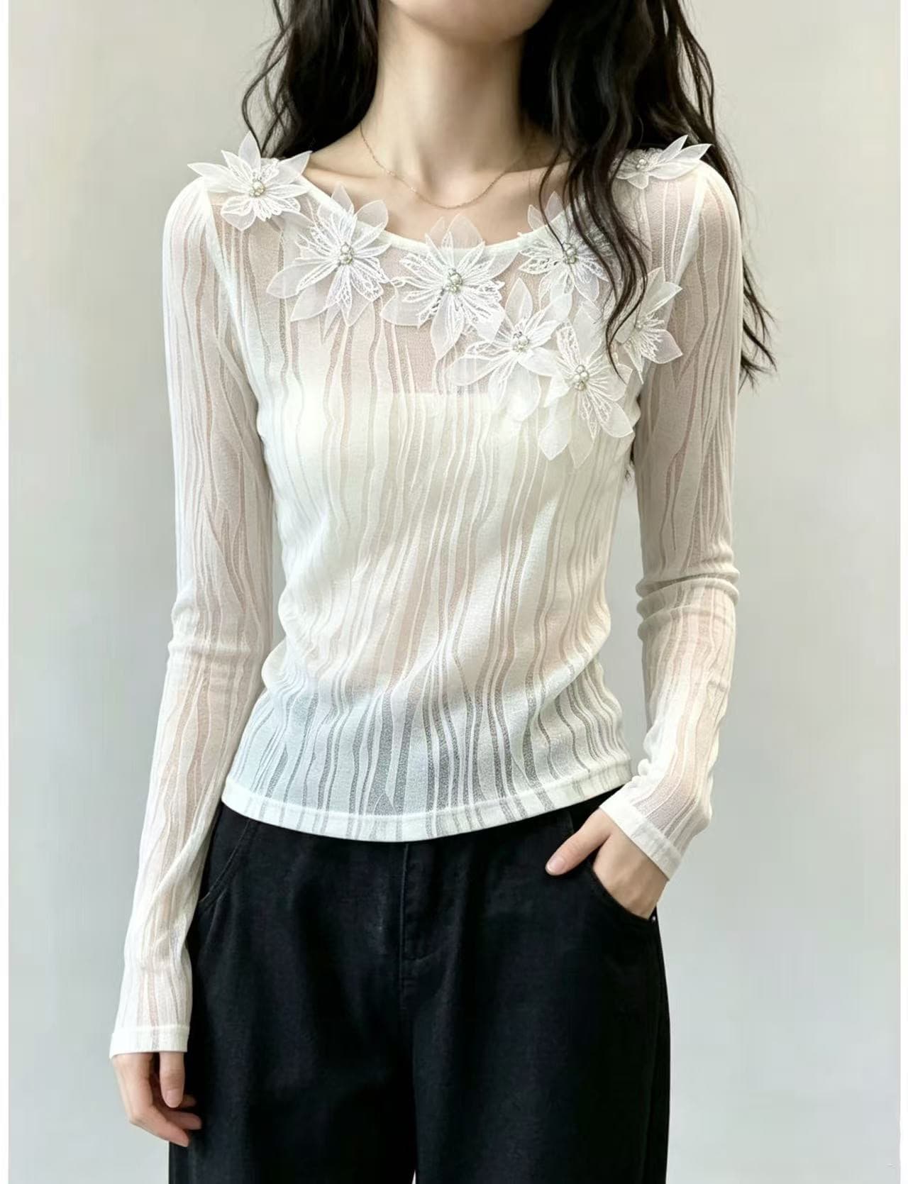 프랑스식 낭만주의 빛 럭셔리 수공 비즈 박기 꽃 자수 질감 센스 양모 T 기본 셔츠 풀오버 맨위 이미지 2
