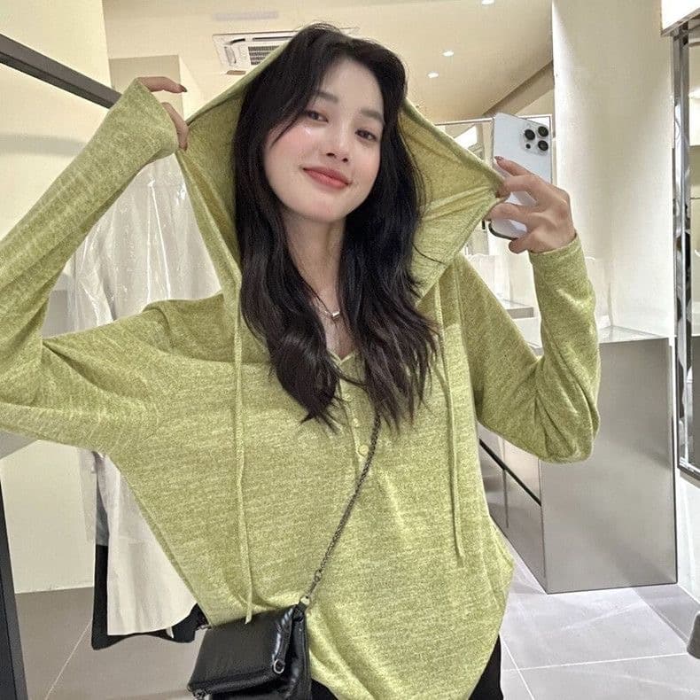 한 부서 버터 과일 녹색 후드 긴팔 니트 스웨터 여성 루즈핏 후드티 맨위 조기 가을 분위기 센스 이미지 3