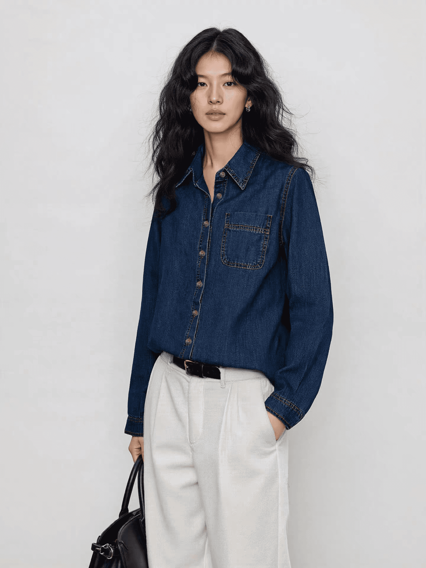 파란색 POLO 칼라 데님 여성 셔츠 2026 가을 자이언트 잘 생긴 스택 착용 셔츠