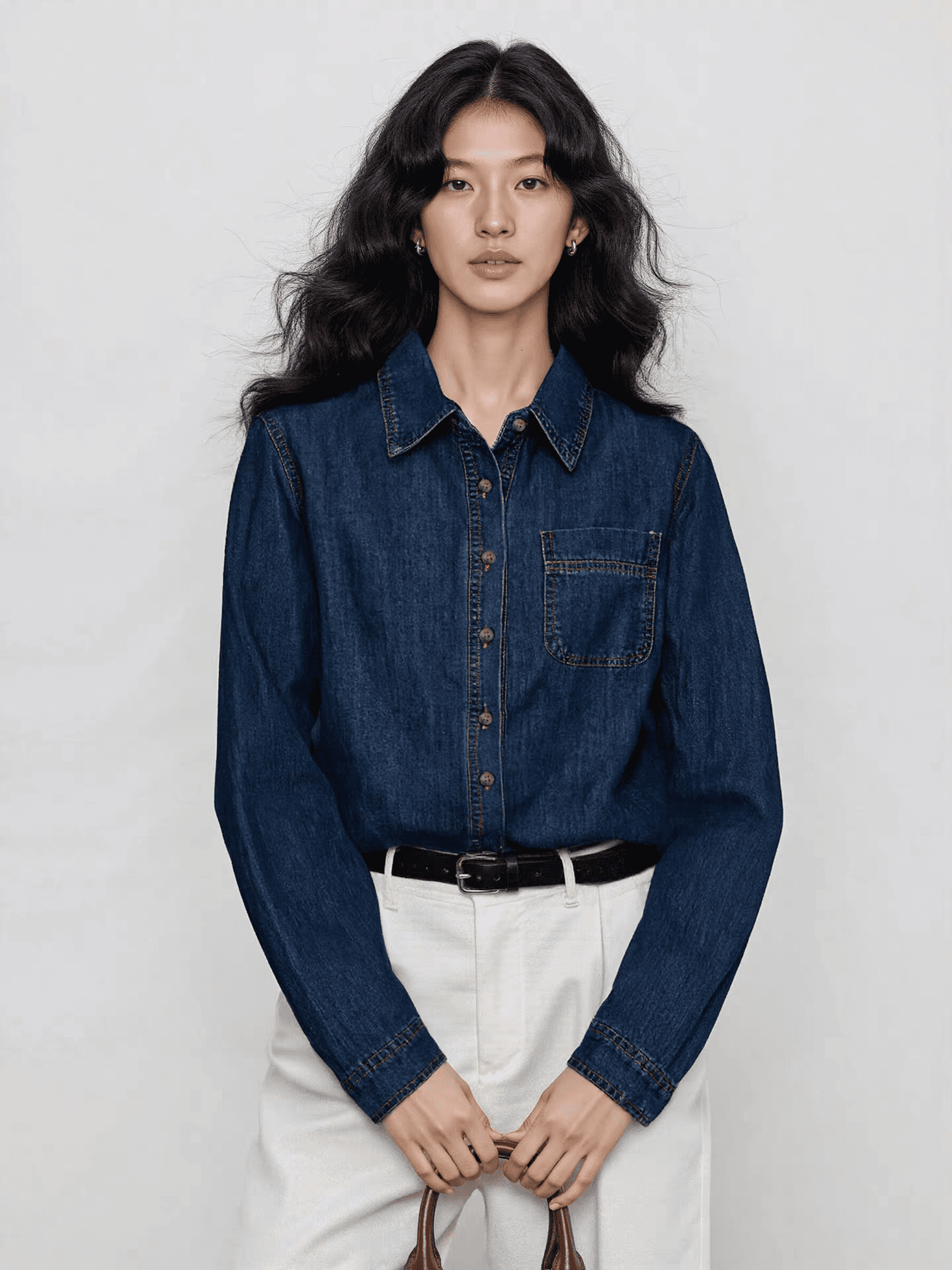 파란색 POLO 칼라 데님 여성 셔츠 2026 가을 자이언트 잘 생긴 스택 착용 셔츠 상세 이미지 2