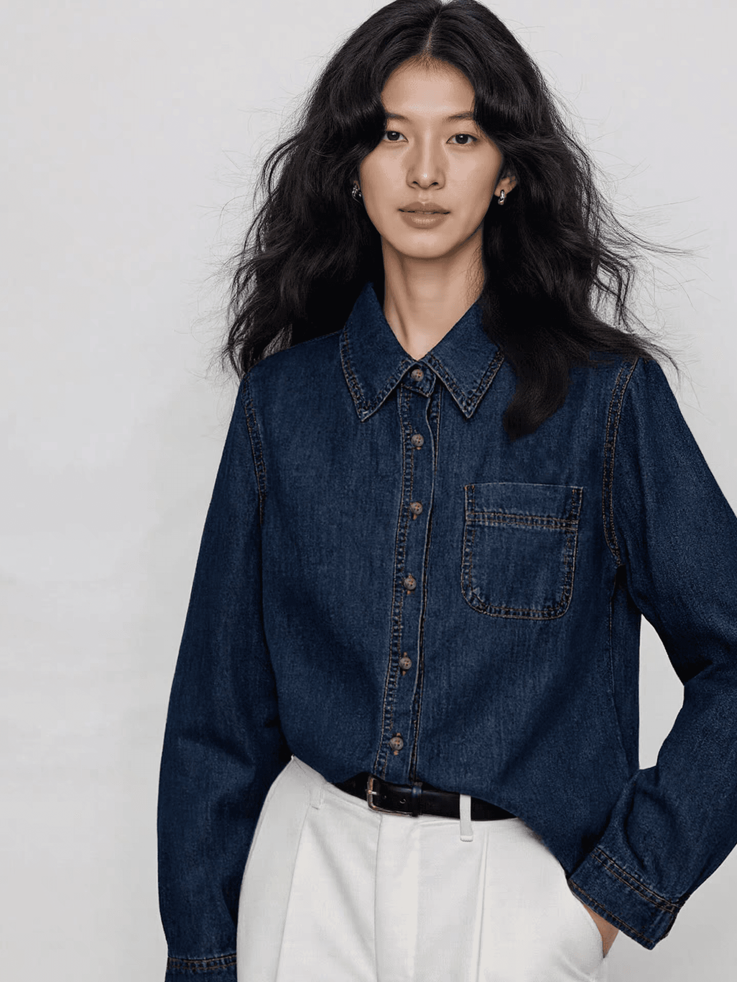 파란색 POLO 칼라 데님 여성 셔츠 2026 가을 자이언트 잘 생긴 스택 착용 셔츠 상세 이미지 4