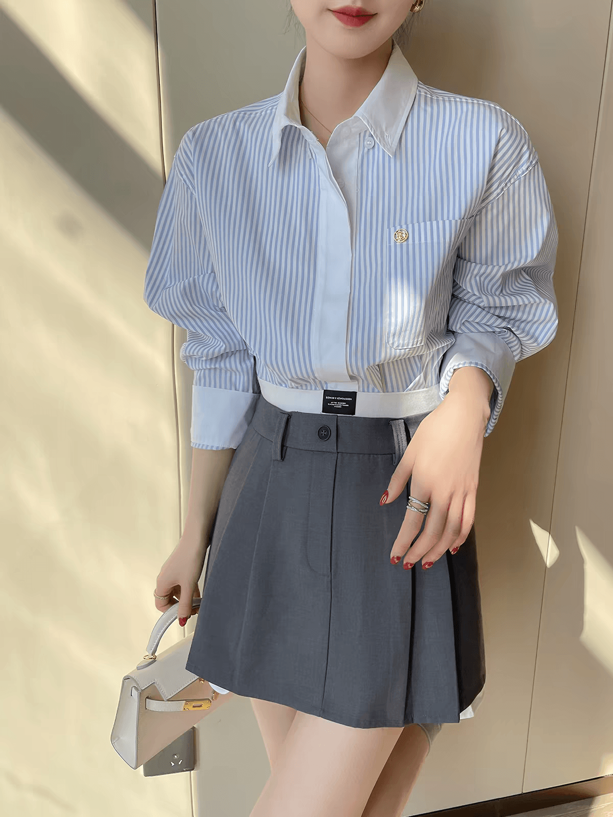 블루 화이트 스트라이프 POLO 칼라 긴팔 여성 셔츠 가을 2026 새로운 느긋한 바람 캐주얼 패션 셔츠