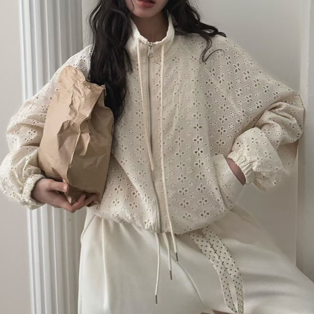 달콤한 스타일 홀로우 아웃 자수 짧은 외투 스탠드 칼라 펌프 로프 지퍼 거품 소매 맨위 루즈핏 재킷 바람막이 짧은 외투 상세 이미지 2