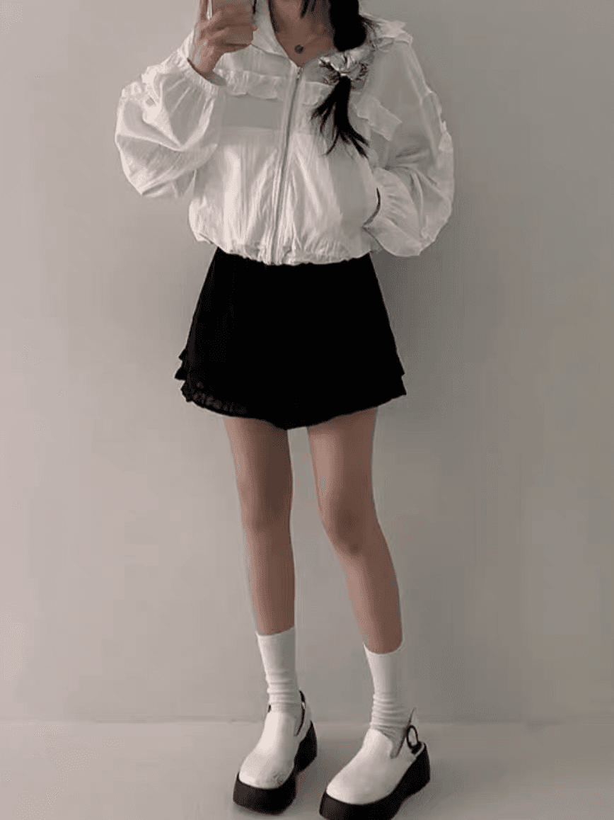 한국 동대문 ins 미니멀리즘 레이스 프릴 레이스 패치워크 자외선 차단 긴팔 얇은 코트 작은 키 이미지 3