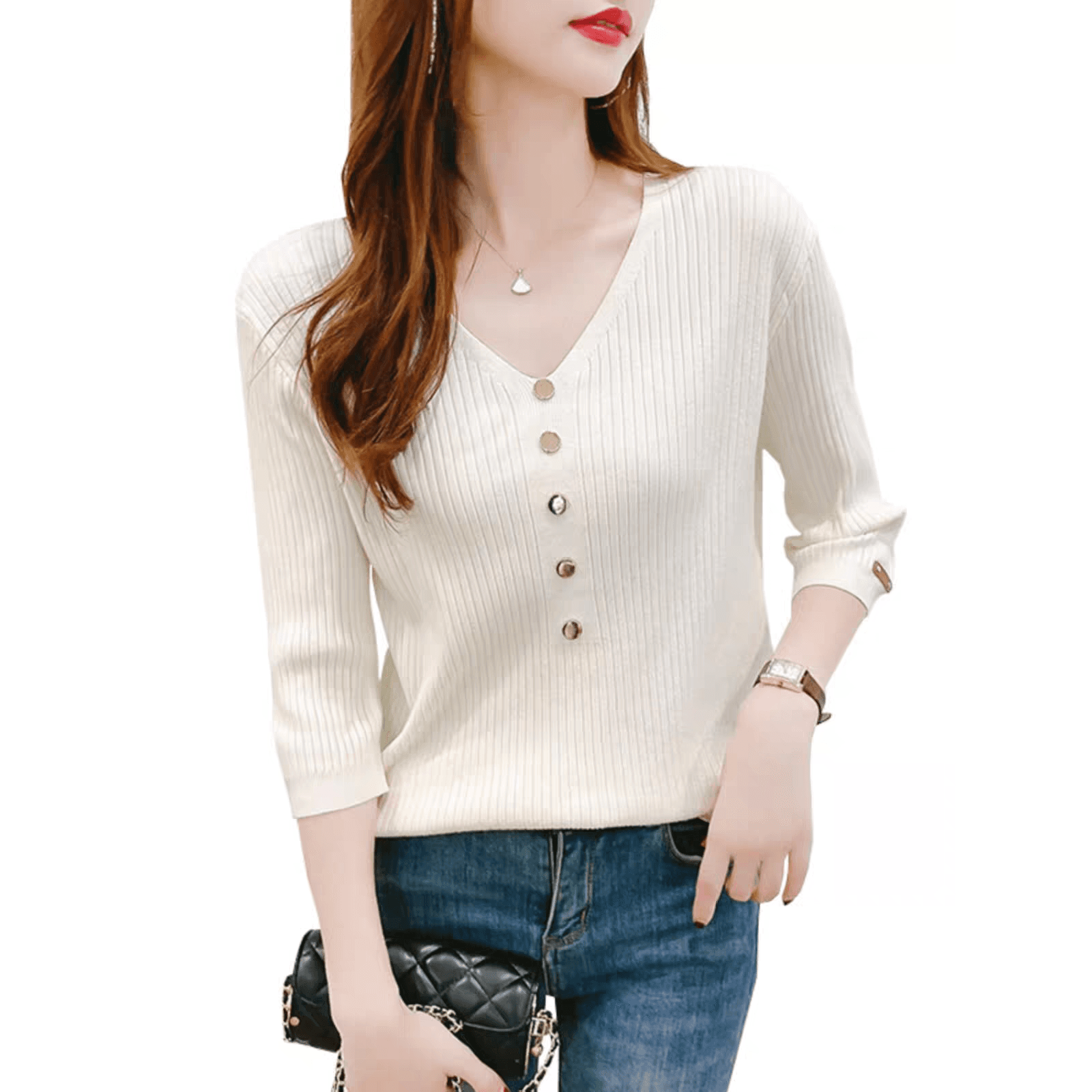 고급 센스 V넥 5 점 소매 짠 셔츠 2026 봄 가을 중간 소매 티셔츠 인사이드 가져 가라. 7부 소매 기본 셔츠 아름다운 맨위 이미지 5