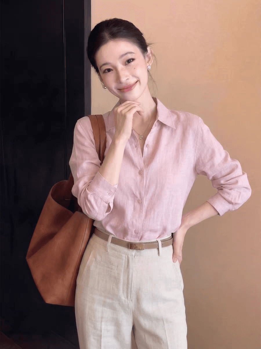 한 부서 핑크색 polo 폴로 칼라 긴팔 여성 셔츠 조기 가을 오래된 돈 바람 품격 루즈핏 캐주얼 셔츠 자외선 차단 켜기 이미지 4