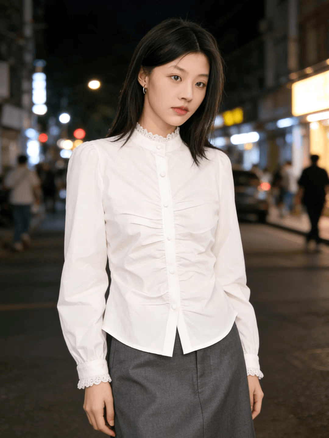 프랑스식 고유 한 슈퍼 잘 생긴 셔츠 여자 2026 새로운 스탠드 칼라 레이스 레이스 허리 수축 디자인 센스 화이트 셔츠 이미지 3