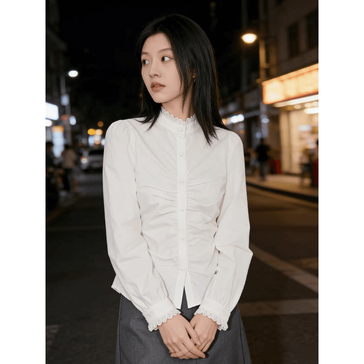 프랑스식 고유 한 슈퍼 잘 생긴 셔츠 여자 2026 새로운 스탠드 칼라 레이스 레이스 허리 수축 디자인 센스 화이트 셔츠 이미지 5
