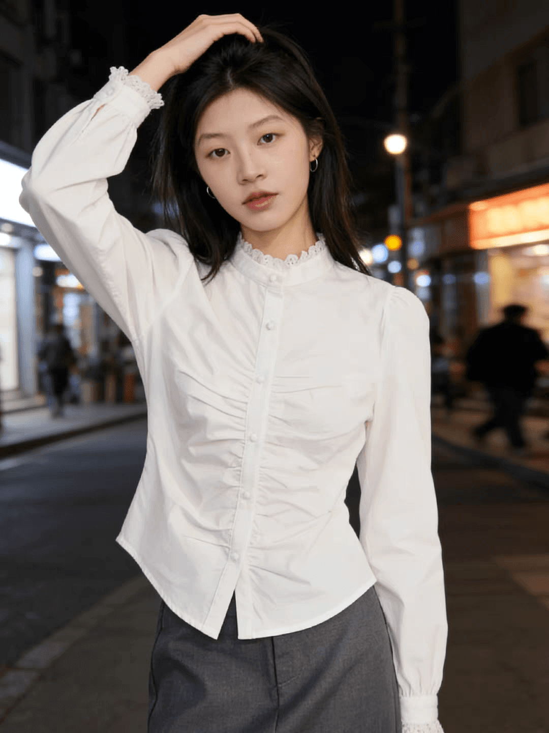 프랑스식 고유 한 슈퍼 잘 생긴 셔츠 여자 2026 새로운 스탠드 칼라 레이스 레이스 허리 수축 디자인 센스 화이트 셔츠 상세 이미지 1
