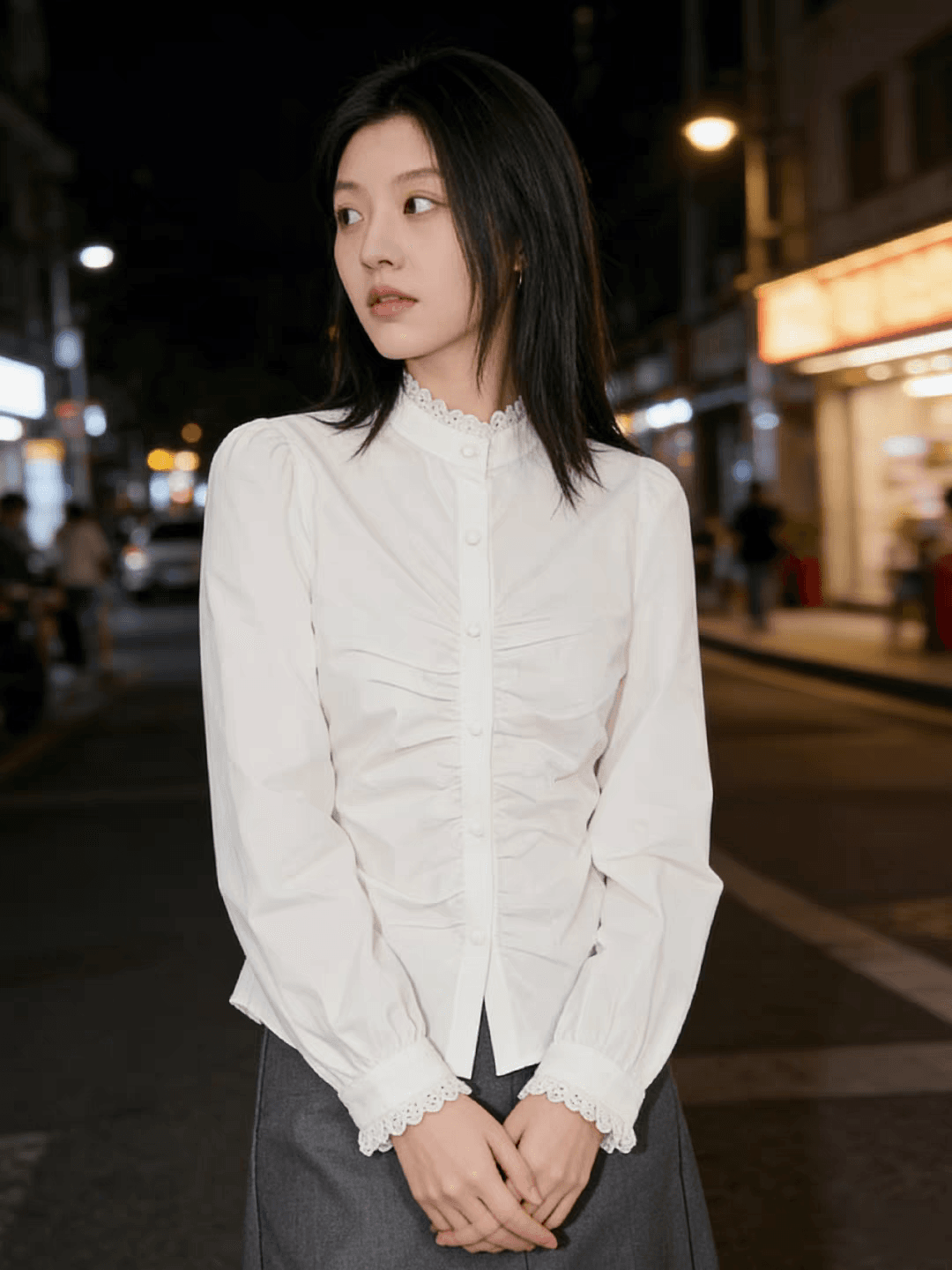 프랑스식 고유 한 슈퍼 잘 생긴 셔츠 여자 2026 새로운 스탠드 칼라 레이스 레이스 허리 수축 디자인 센스 화이트 셔츠 상세 이미지 5