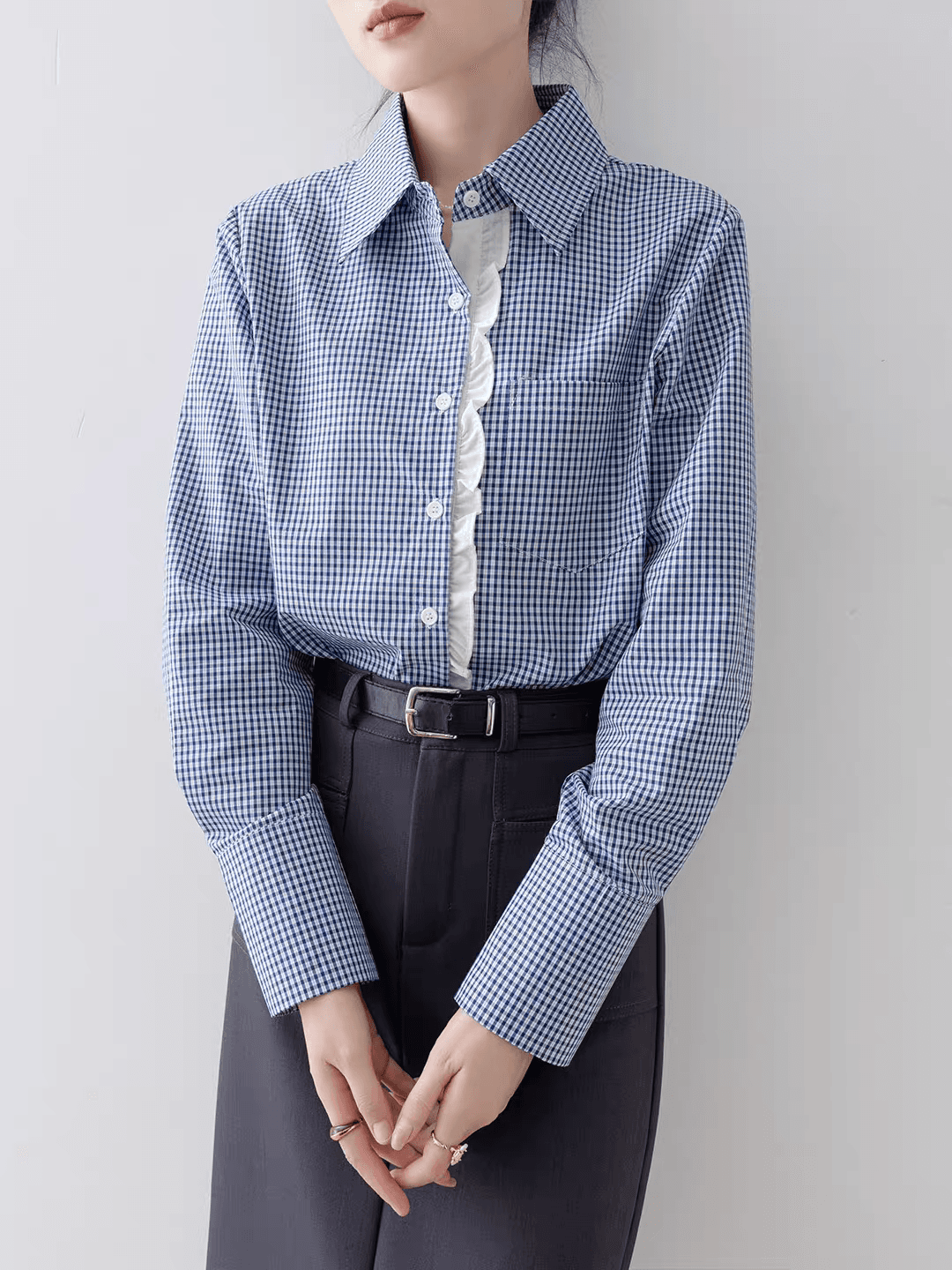 셔츠 여자 2026 이른 가을 새로운 폭발 프랑스식 POLO 칼라 파란색 격자 무늬 셔츠 레트로 디자인 센스 맨위 이미지 2