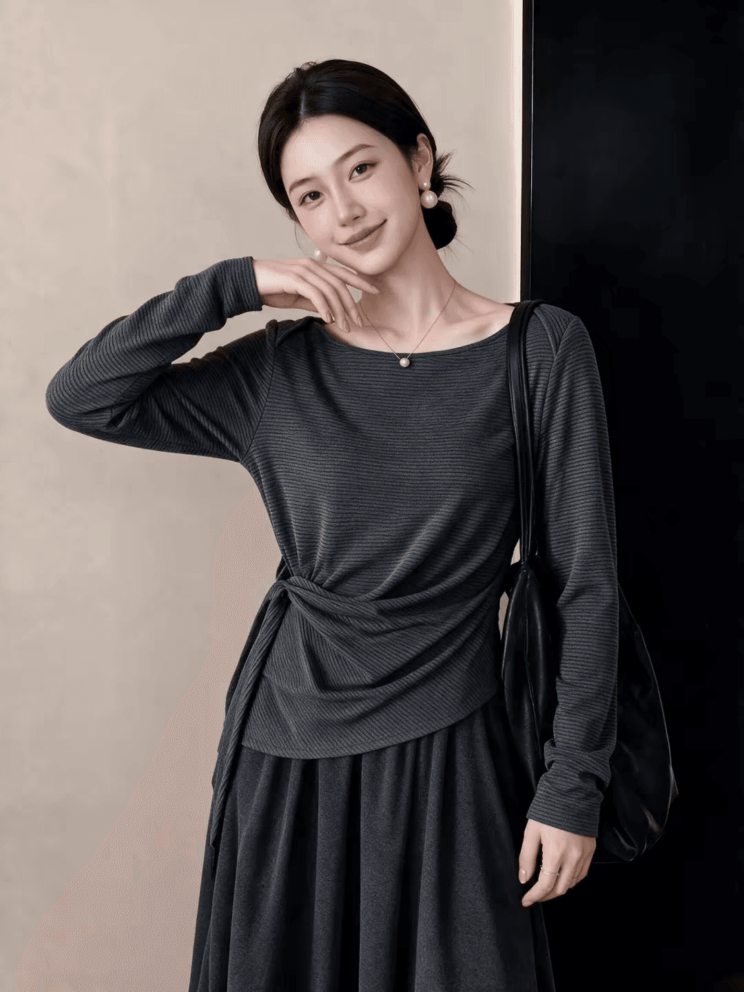 스트라이프 긴팔 티셔츠 기본 셔츠 여성 이른 가을 2026 빅 사이즈 마이크로 지방 mm 슬림해 보이는 불규칙 레이스업 허리 수축 맨위 상세 이미지 4