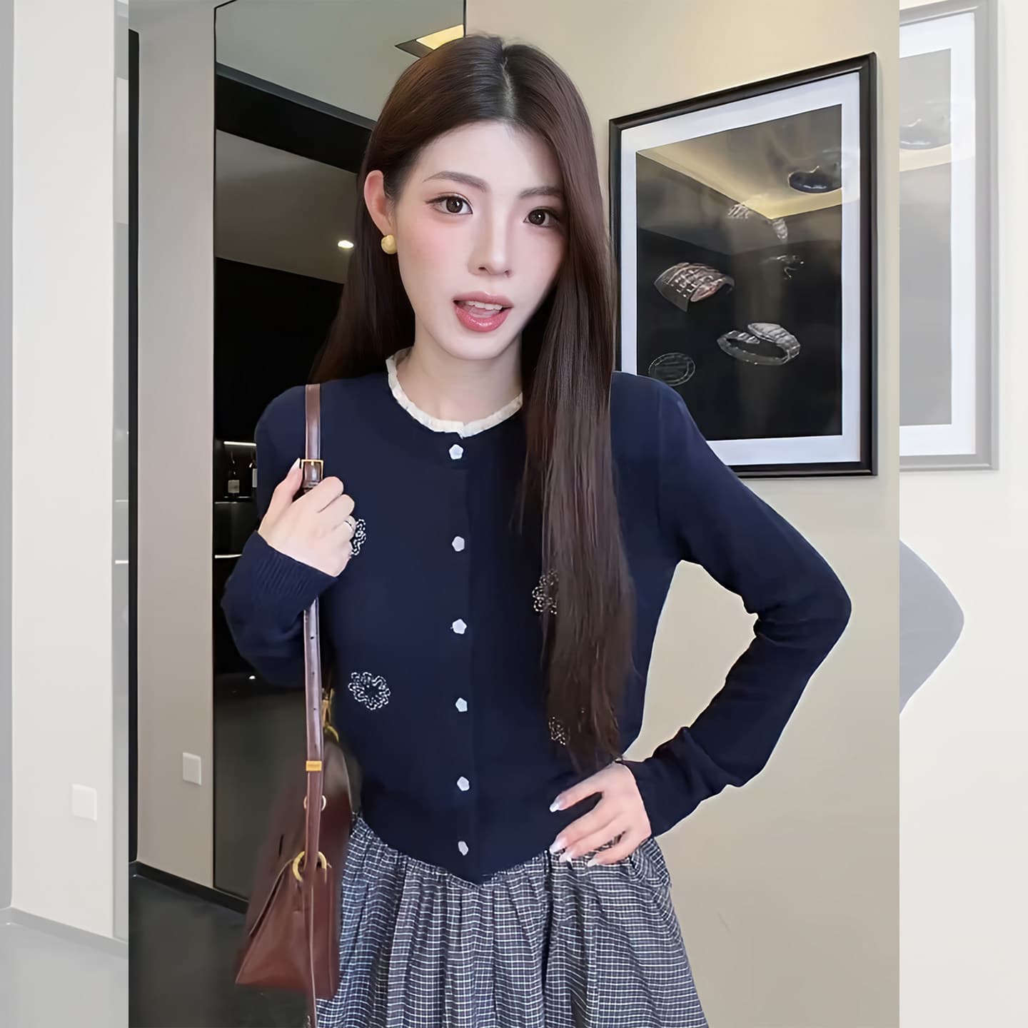 한 부서 블루 색상 라운드 넥 자카드 단추 니트 스웨터 여성 가을 착용 가져 가라. 아름다운 작은 키 외출용 몸매 가꾸기 맨위 이미지 2