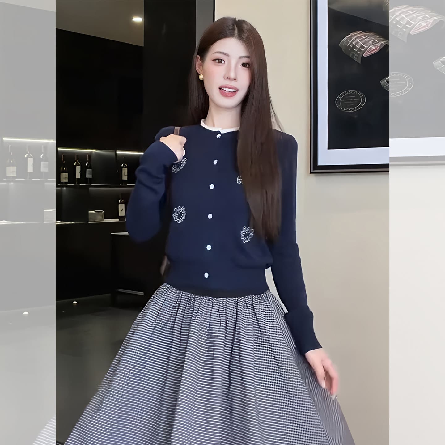 한 부서 블루 색상 라운드 넥 자카드 단추 니트 스웨터 여성 가을 착용 가져 가라. 아름다운 작은 키 외출용 몸매 가꾸기 맨위 이미지 5