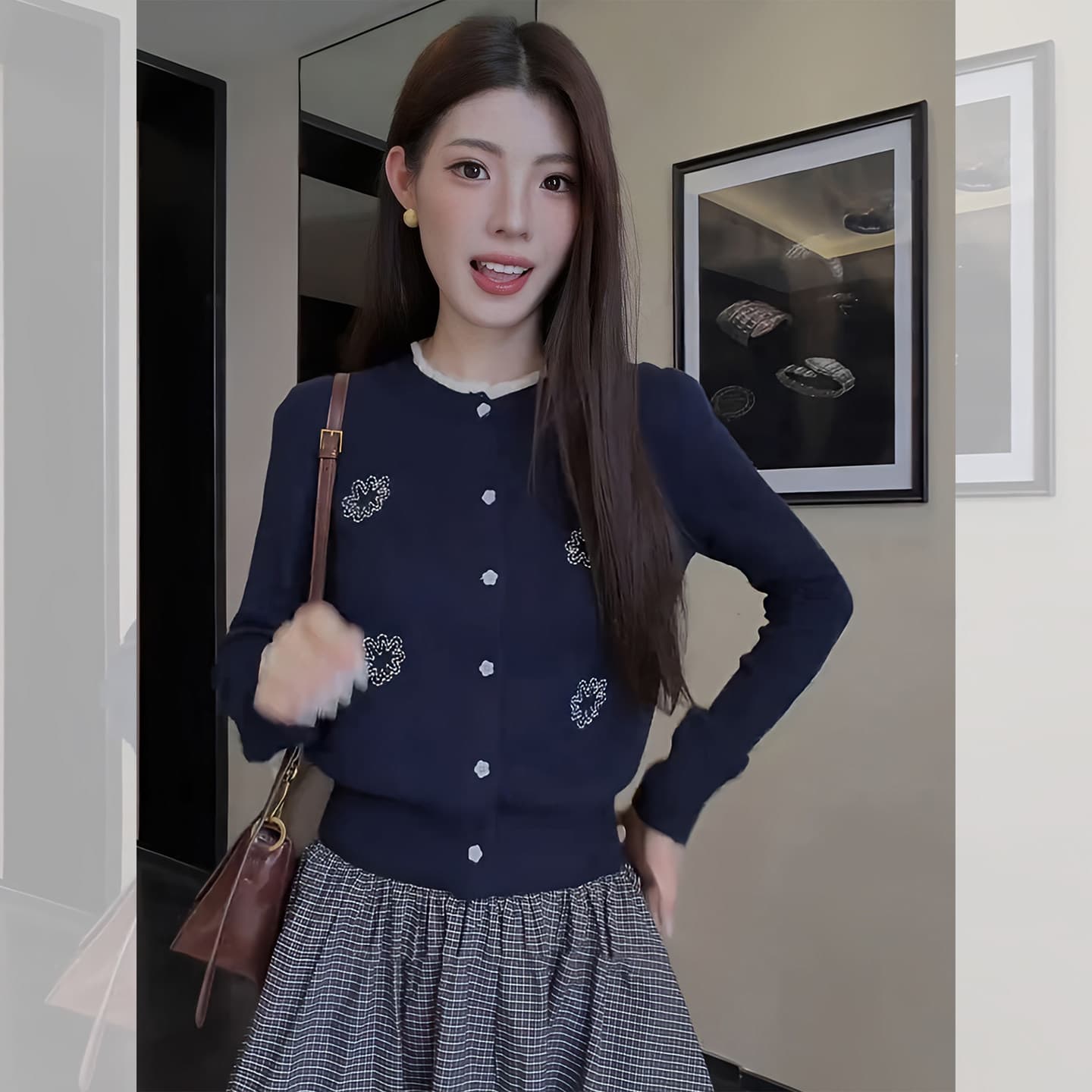 한 부서 블루 색상 라운드 넥 자카드 단추 니트 스웨터 여성 가을 착용 가져 가라. 아름다운 작은 키 외출용 몸매 가꾸기 맨위 상세 이미지 1