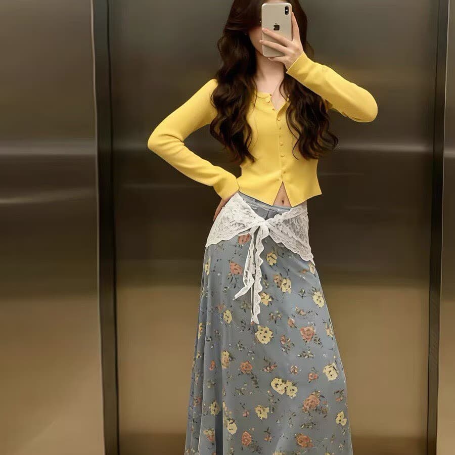 전체 집합 ootd 착용 가져 가라. 한 부서 작은 샤넬 스타일 황색 니트 오픈 가디건 파란색 프린트 반신 치마 세트 여성 가을 상세 이미지 2