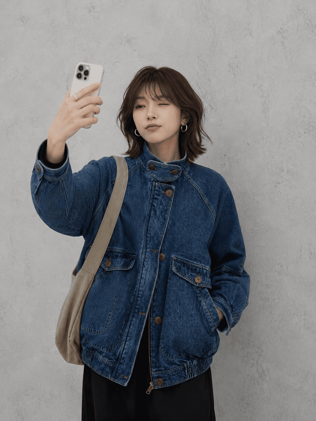 한 부서 레트로 품격 스탠드 칼라 카우보이 바깥 세트 여성 가을 디자인 센스 작은 대중 루즈핏 다용도 파일럿 재킷 이미지 2