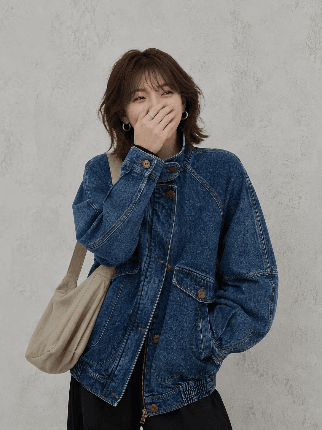 한 부서 레트로 품격 스탠드 칼라 카우보이 바깥 세트 여성 가을 디자인 센스 작은 대중 루즈핏 다용도 파일럿 재킷 이미지 3