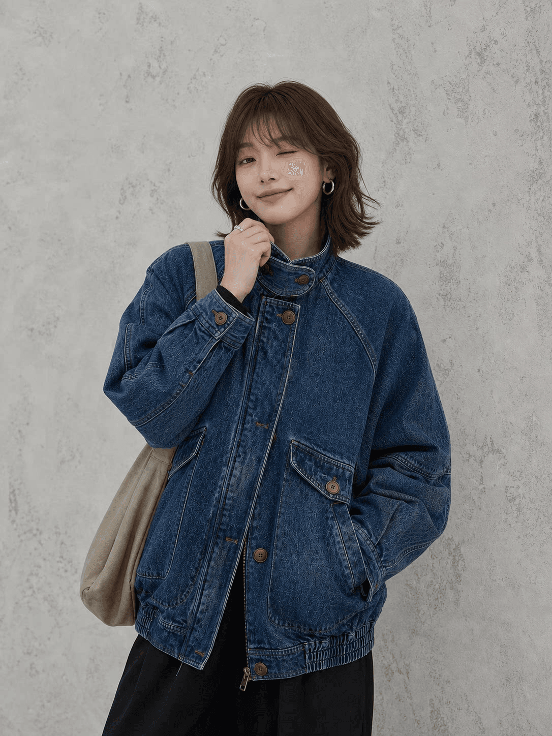 한 부서 레트로 품격 스탠드 칼라 카우보이 바깥 세트 여성 가을 디자인 센스 작은 대중 루즈핏 다용도 파일럿 재킷 이미지 4