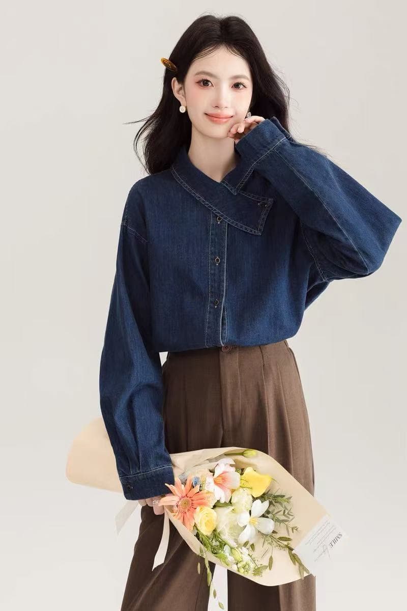 레트로 학원 항구 바람 노스탤지어 센스 데님 여성 셔츠 2026 봄 가을 새로운 고급 디자인 맨위 이미지 4