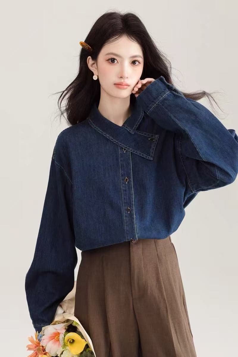 레트로 학원 항구 바람 노스탤지어 센스 데님 여성 셔츠 2026 봄 가을 새로운 고급 디자인 맨위 상세 이미지 1
