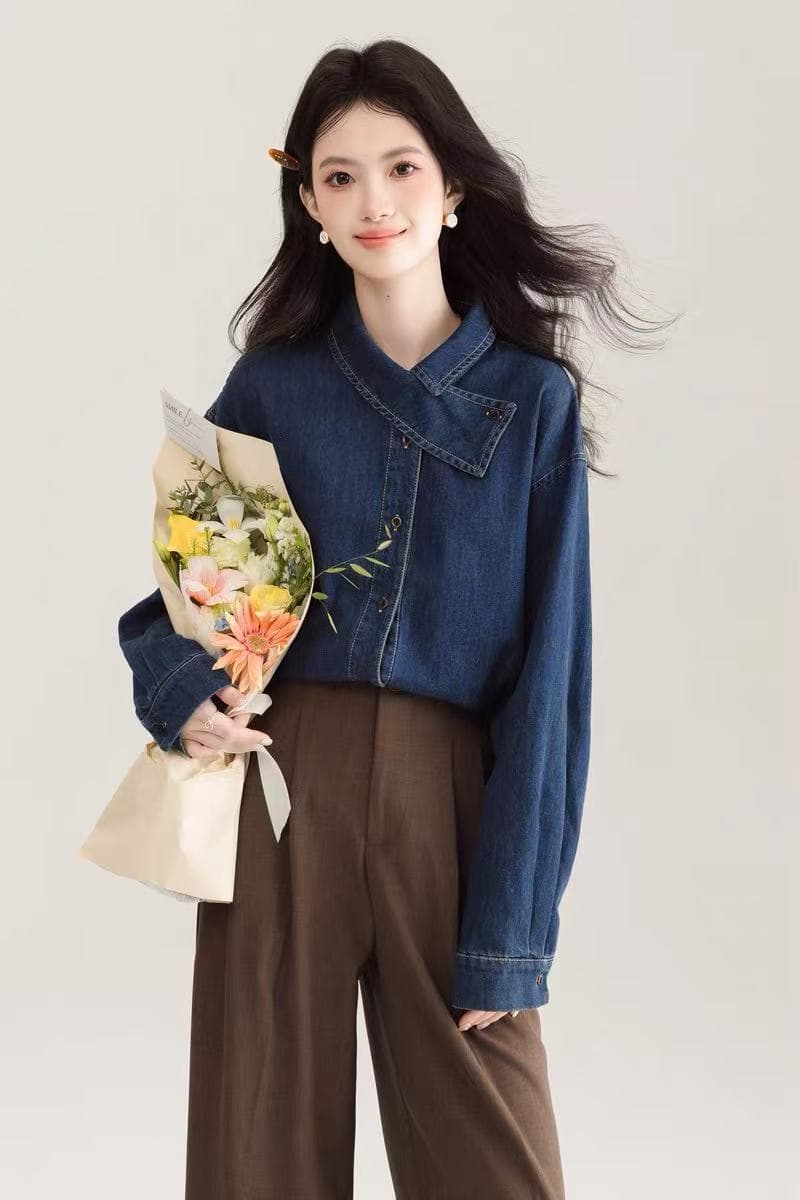 레트로 학원 항구 바람 노스탤지어 센스 데님 여성 셔츠 2026 봄 가을 새로운 고급 디자인 맨위 상세 이미지 2