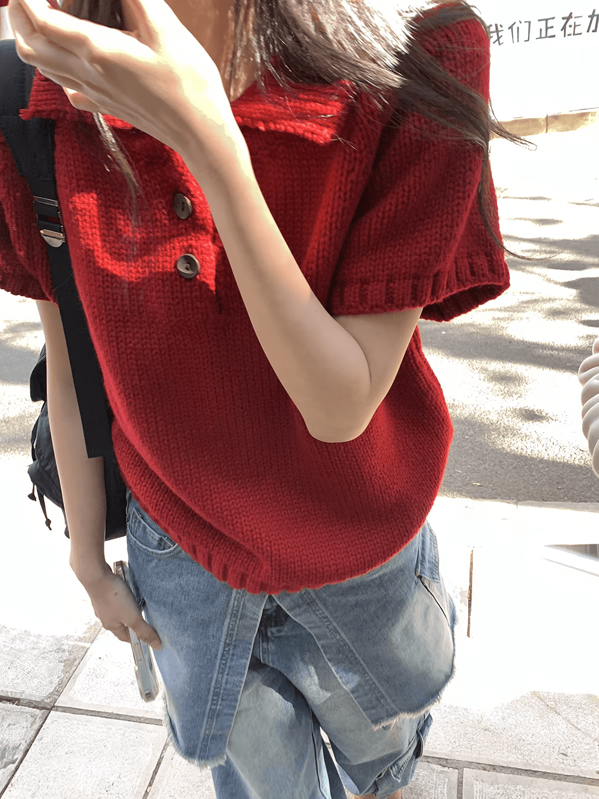 달콤한 도움말 밝은 자동차 PCT 어린이 빨간색 베이비 칼라 두꺼운 바늘 반팔 스웨터 여자 품격 작은 폴로 칼라 두꺼운 스타일 니트 스웨터