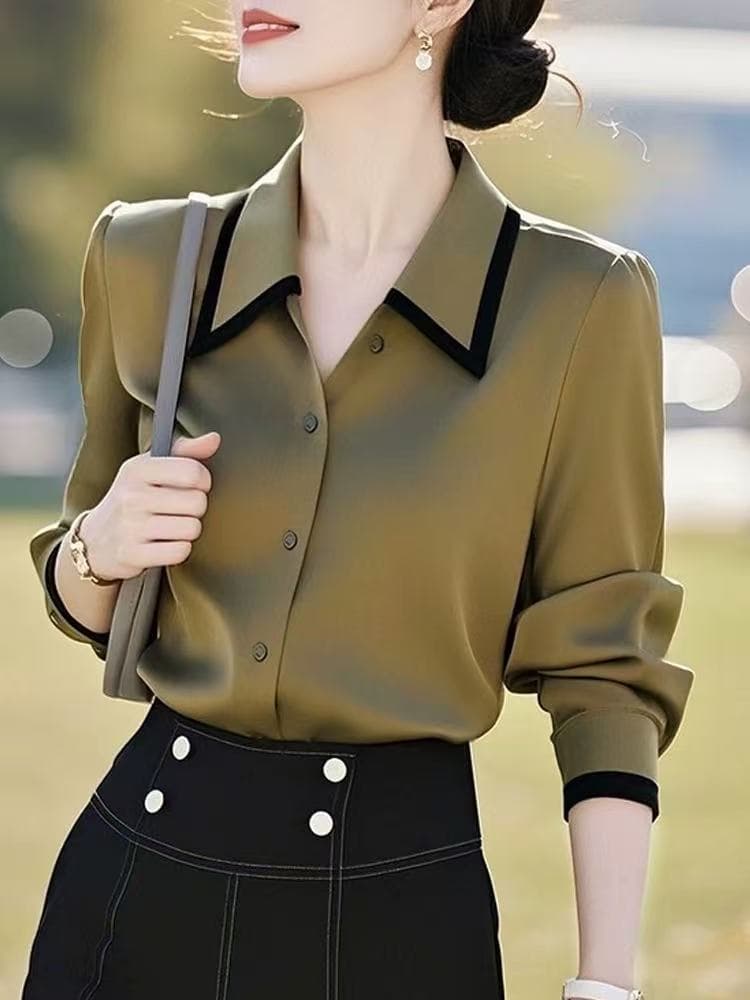 패션 고급 센스 아름다운 올리브 그린 폴로 칼라 긴팔 새틴 여성 셔츠 봄과 가을 출퇴근 경력 스택 착용 셔츠