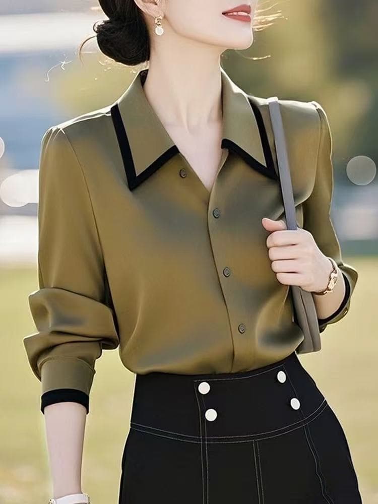 패션 고급 센스 아름다운 올리브 그린 폴로 칼라 긴팔 새틴 여성 셔츠 봄과 가을 출퇴근 경력 스택 착용 셔츠 이미지 2