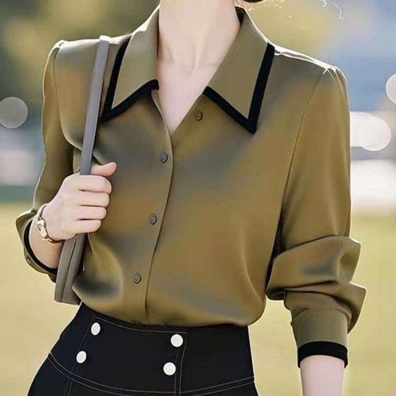 패션 고급 센스 아름다운 올리브 그린 폴로 칼라 긴팔 새틴 여성 셔츠 봄과 가을 출퇴근 경력 스택 착용 셔츠 이미지 4