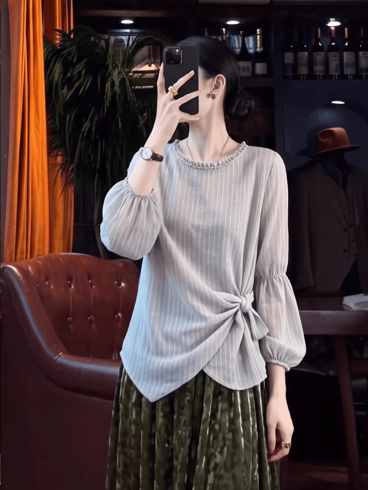 출퇴근 바람 긴팔 맨위 여성 펌프 로프 허리 수축 Chic 슬림해 보이는 품격 셔츠 고급 센스 슈퍼 잘 생긴 패션 2026 이미지 4
