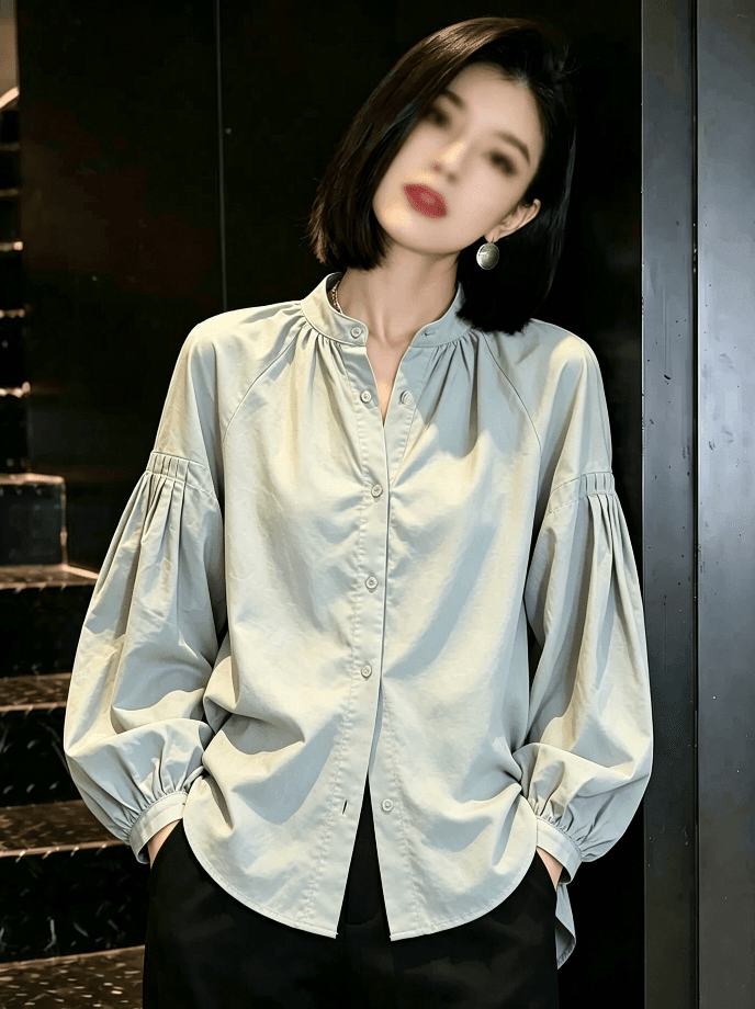 프랑스식 스탠드 칼라 벌룬 소매 Chic 루즈핏 캐주얼 느긋한 바람 맨위 봄 가을 셔츠 여성 이미지 2