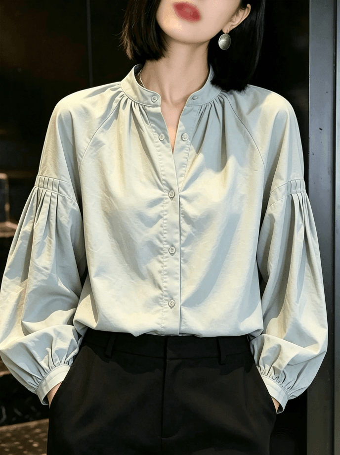 프랑스식 스탠드 칼라 벌룬 소매 Chic 루즈핏 캐주얼 느긋한 바람 맨위 봄 가을 셔츠 여성 이미지 3