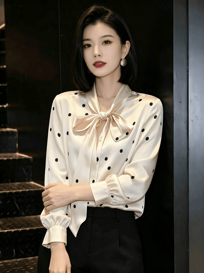 프랑스식 고급 절묘한 패션 맨위 슈퍼 잘 생긴 검정색 도트 무늬 나비 넥타이 새틴 셔츠 이미지 3