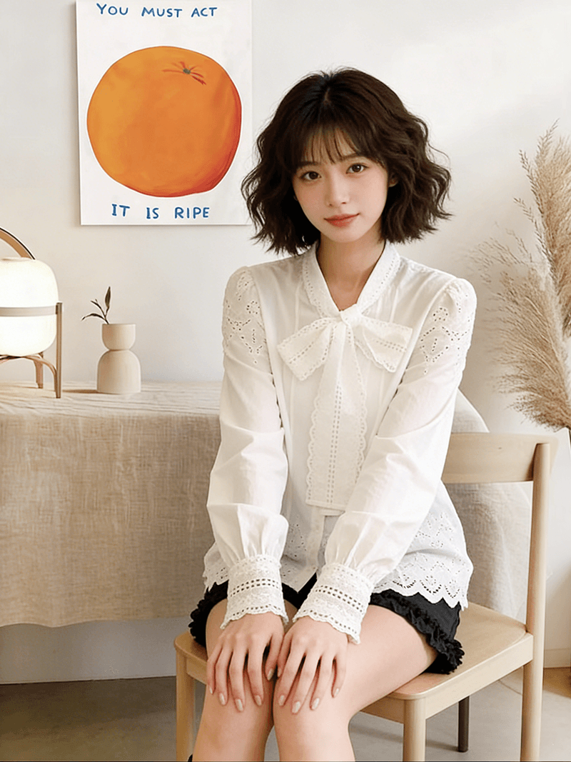 프랑스식 레이스 리본 화이트 맨위 여성 2026 봄 절묘한 연령 감소 나비 매듭 루즈핏 슬림해 보이는 자수 셔츠 이미지 3