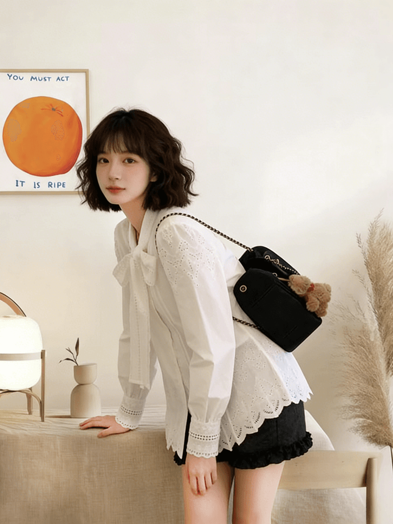 프랑스식 레이스 리본 화이트 맨위 여성 2026 봄 절묘한 연령 감소 나비 매듭 루즈핏 슬림해 보이는 자수 셔츠 이미지 4