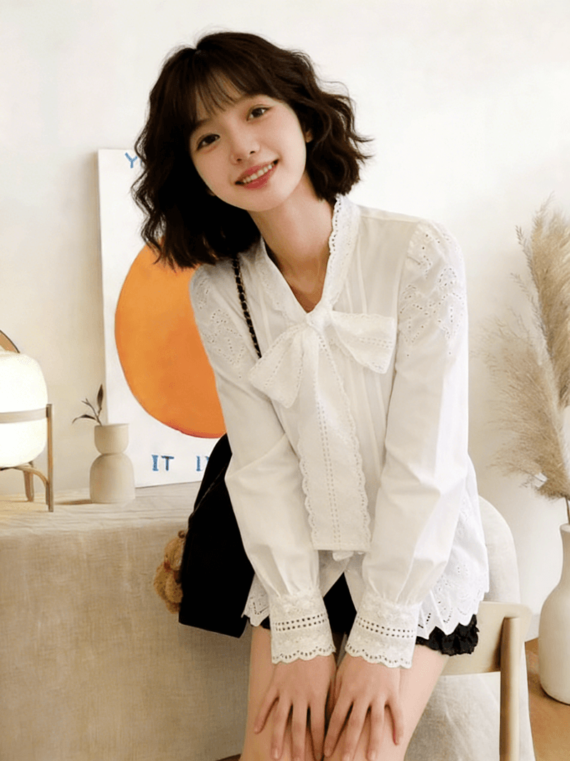 프랑스식 레이스 리본 화이트 맨위 여성 2026 봄 절묘한 연령 감소 나비 매듭 루즈핏 슬림해 보이는 자수 셔츠 상세 이미지 6