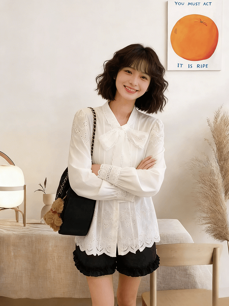 프랑스식 레이스 리본 화이트 맨위 여성 2026 봄 절묘한 연령 감소 나비 매듭 루즈핏 슬림해 보이는 자수 셔츠 상세 이미지 8