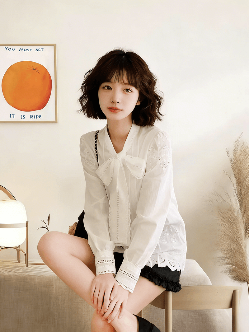 프랑스식 레이스 리본 화이트 맨위 여성 2026 봄 절묘한 연령 감소 나비 매듭 루즈핏 슬림해 보이는 자수 셔츠 상세 이미지 10