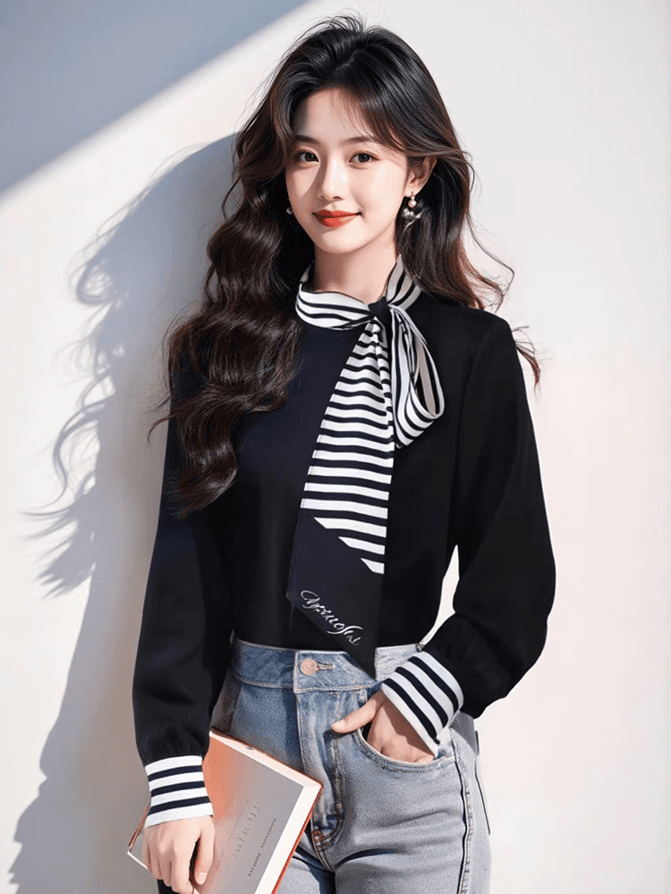 새로운 스트라이프 나비 매듭 스탠드 칼라 긴팔 셔츠 외국 가스 작은 셔츠 만나는 맨위 이미지 2