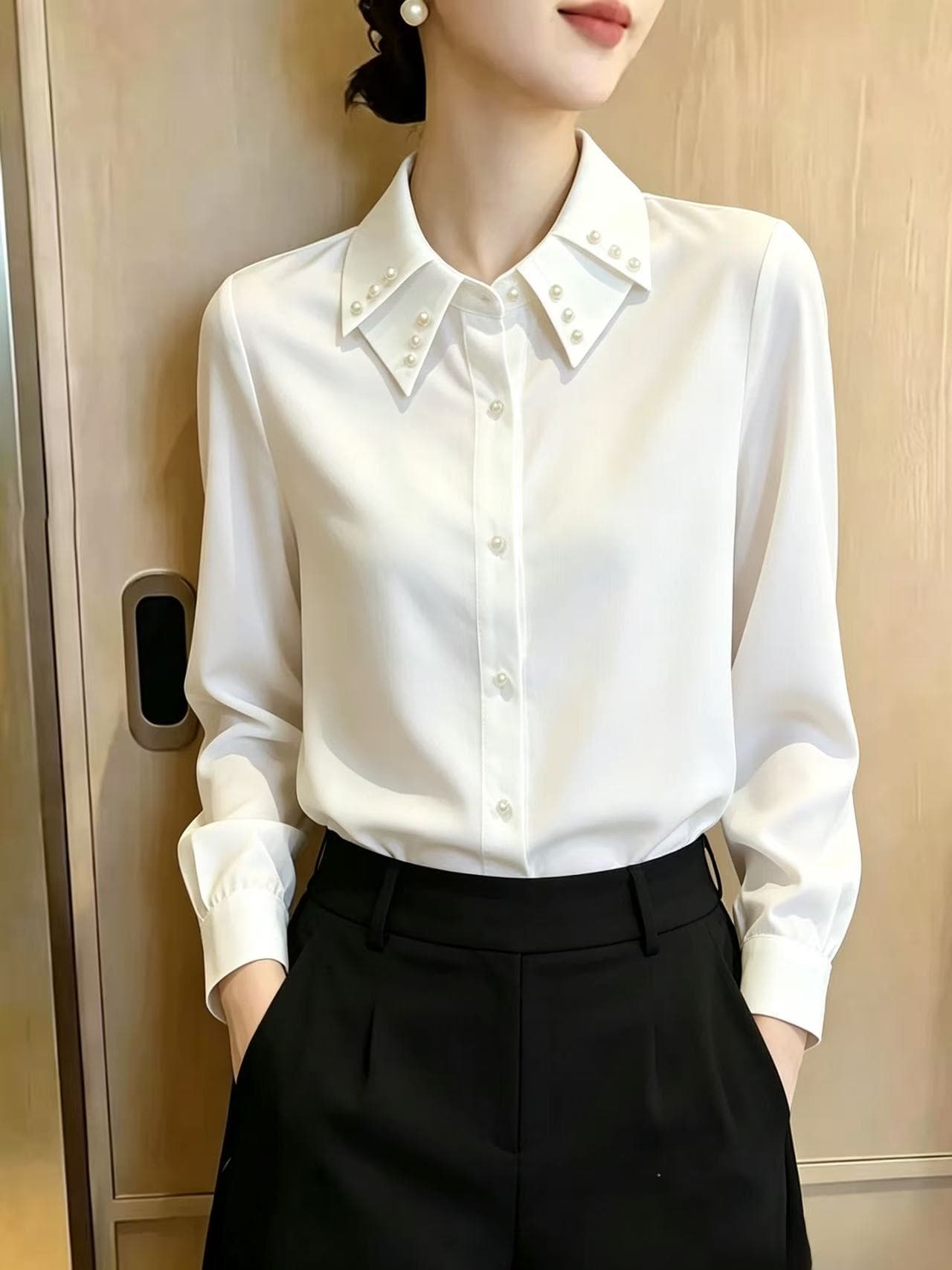 진주 징 칼라 긴팔 여성 셔츠 2026 가을 의상 새로운 여성 의류 느슨함 출퇴근 다용도 프랑스식 맨위 상세 이미지 5