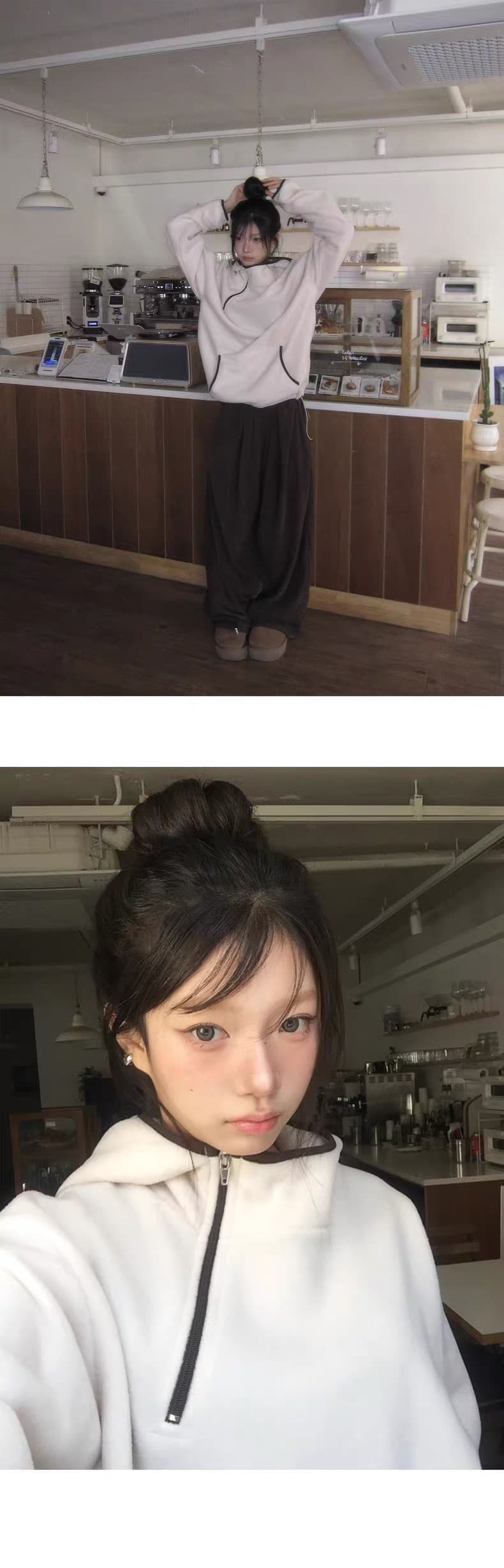 한국 동대문 배색 레트로 기능 중성 플리스 후드 보온 후드티 상세 이미지 11