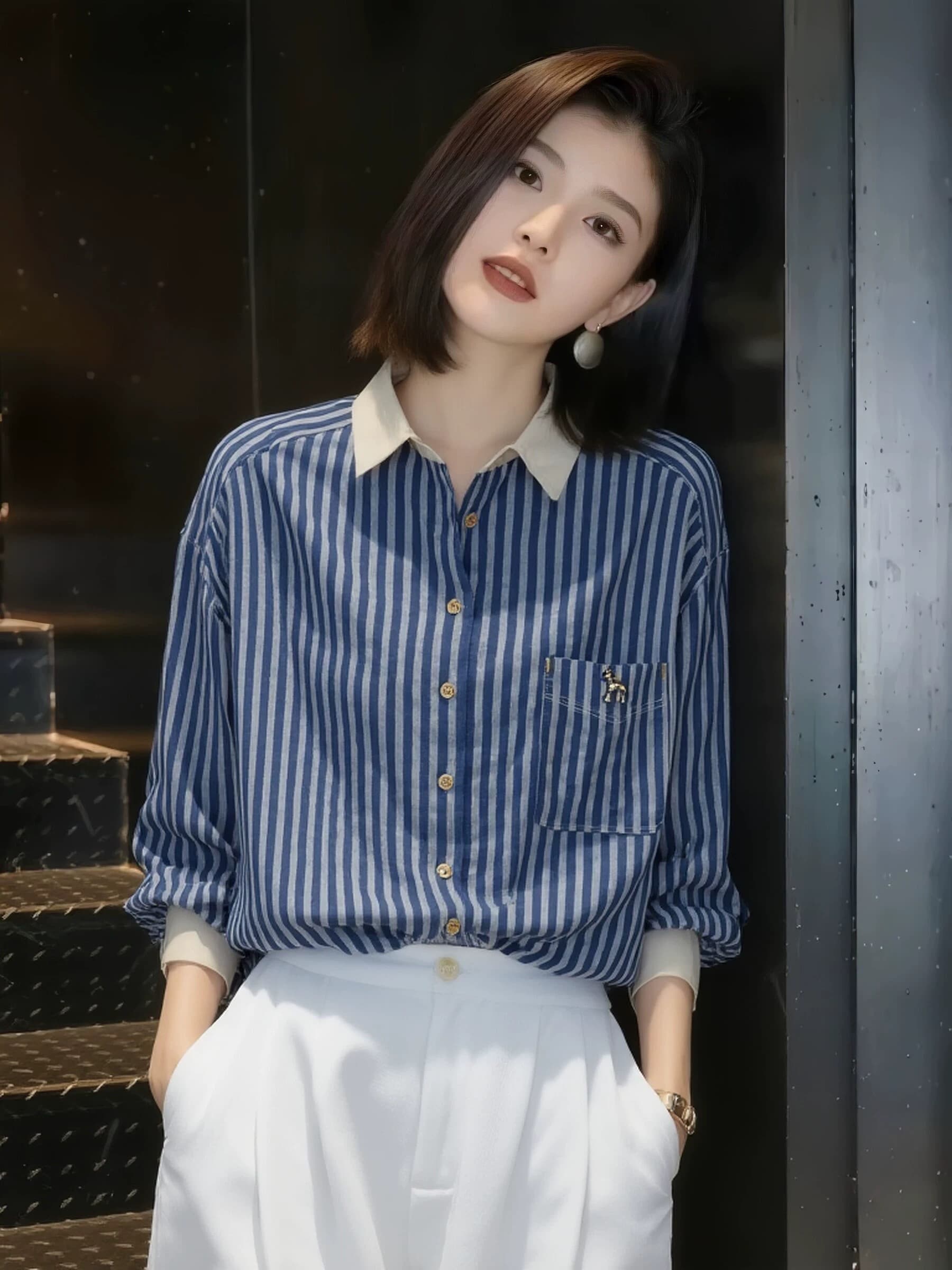 패치워크 색상 스트라이프 품격 우아함 POLO 칼라 셔츠 긴팔 작은 대중 Chic 디자인 센스 싱글 줄 버튼 셔츠 여성 상세 이미지 3